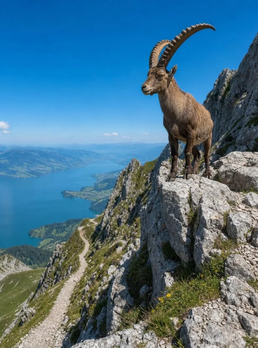 Ein Alpensteinbock mit langen, gebogenen Hörnern auf einem Kalkfelsband, tief unten der Vierwaldstättersee